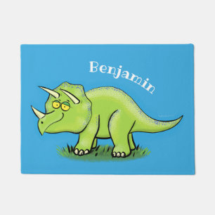 Cute happy green triceratops dinosaur cartoon doormat