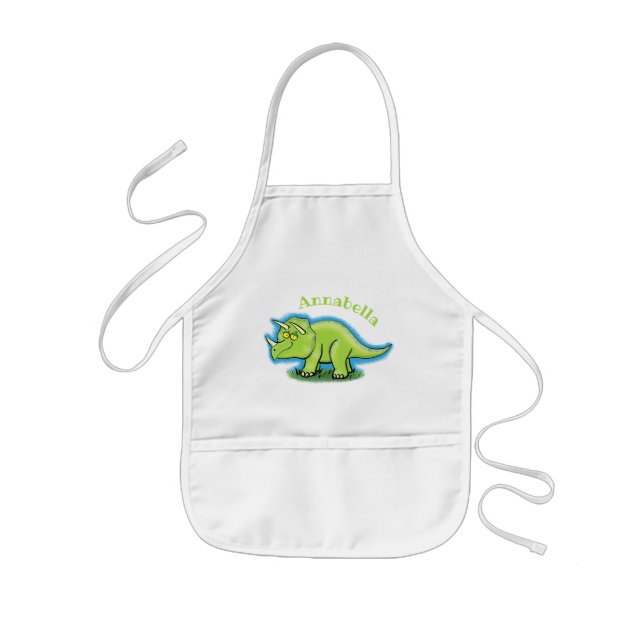 Cute happy green triceratops dinosaur cartoon kids apron (Front)