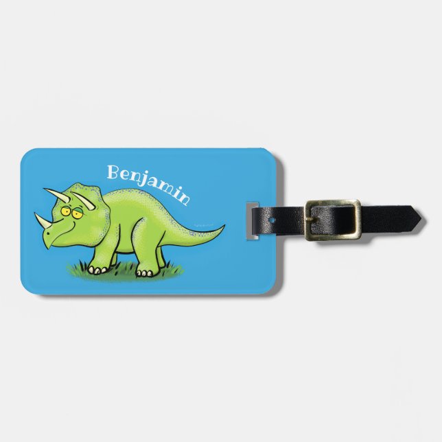 Cute happy green triceratops dinosaur cartoon luggage tag (Front Horizontal)