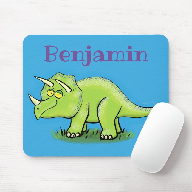 Cute happy green triceratops dinosaur cartoon mouse pad (With Mouse)