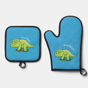 Cute happy green triceratops dinosaur cartoon oven mitt & pot holder set