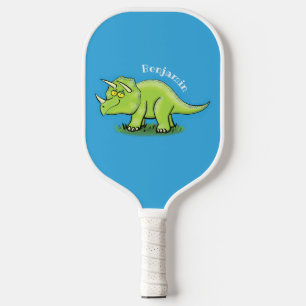 Cute happy green triceratops dinosaur cartoon  pickleball paddle
