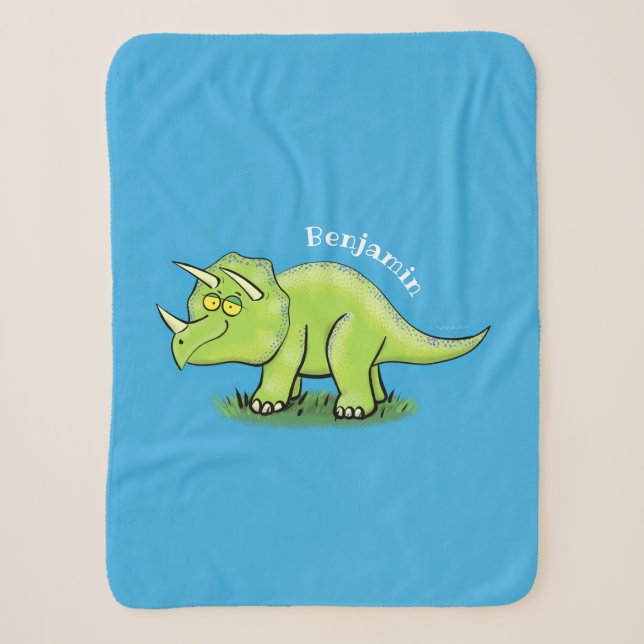 Cute happy green triceratops dinosaur cartoon sherpa blanket (Front)