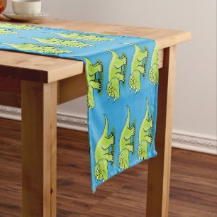 Cute happy green triceratops dinosaur cartoon short table runner