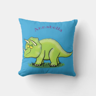 Cute happy green triceratops dinosaur cartoon throw pillow