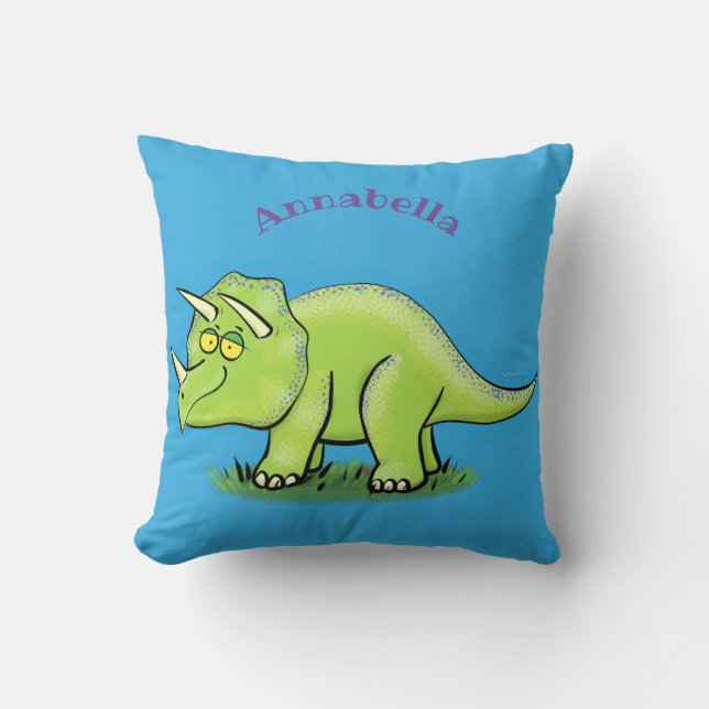 Cute happy green triceratops dinosaur cartoon throw pillow (Front)