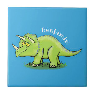 Cute happy green triceratops dinosaur cartoon tile