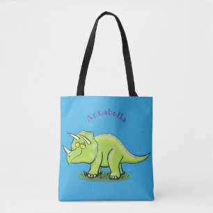 Cute happy green triceratops dinosaur cartoon tote bag