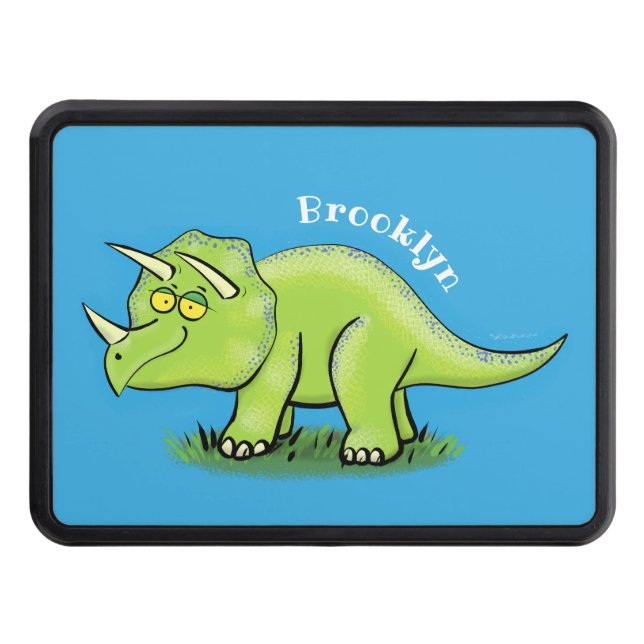 Cute happy green triceratops dinosaur cartoon trailer hitch cover (Front)