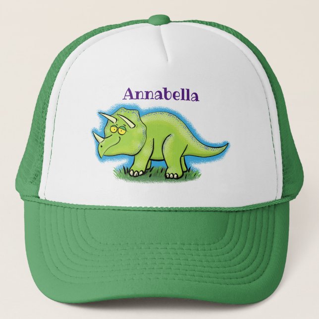 Cute happy green triceratops dinosaur cartoon trucker hat (Front)