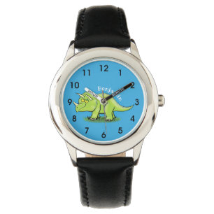 Cute happy green triceratops dinosaur cartoon watch