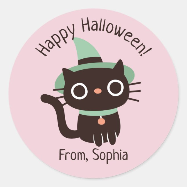 Cute Happy Halloween Black Cat Witch Hat Sticker (Front)
