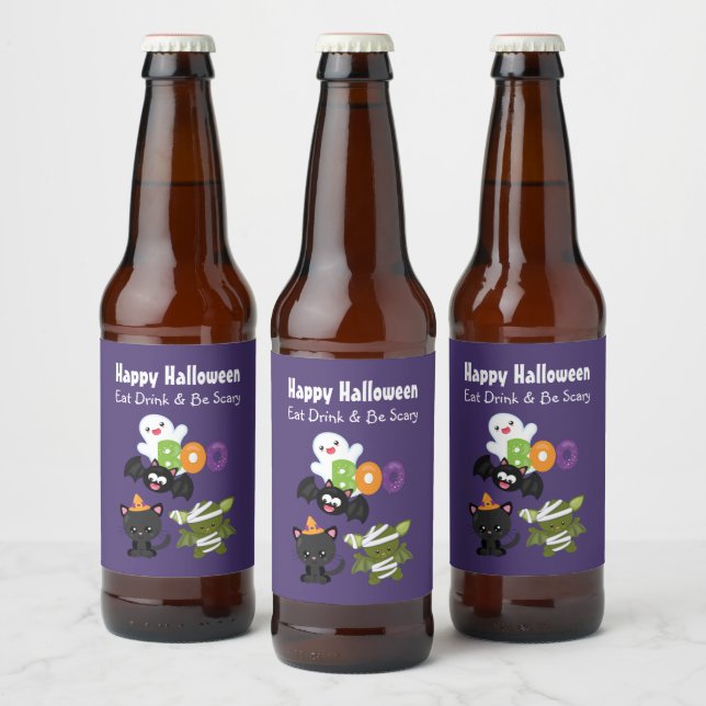 Cute Happy Halloween Cat, Bat, Mummy & Ghost Beer Bottle Label (Bottles)