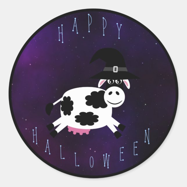 Cute Happy Halloween Cow with Witches Hat Classic Round Sticker (Front)