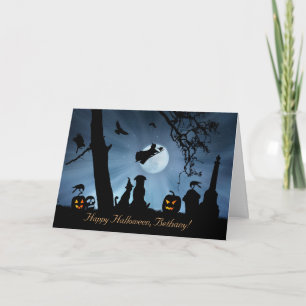 Cute Happy Halloween Custom Name Dog and Cat Card