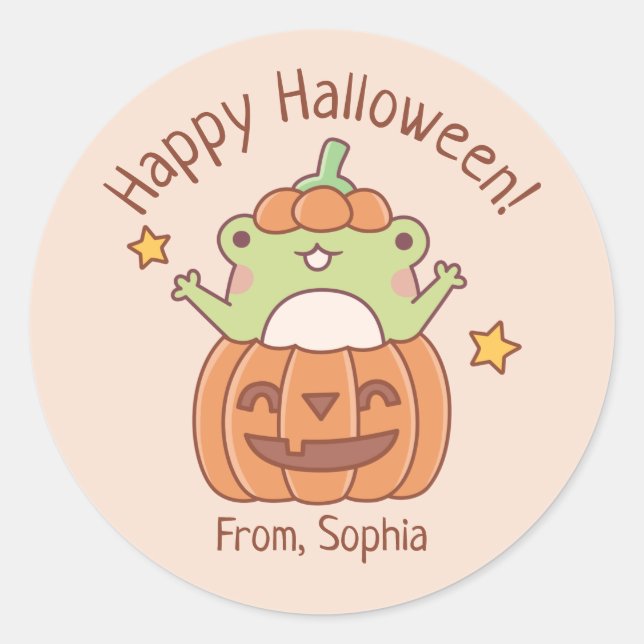 Cute Happy Halloween Frog In Carved Pumpkin Classic Round Sticker (Front)