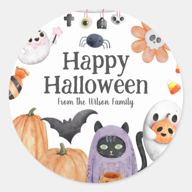 Cute Happy Halloween from watercolor style  Classic Round Sticker (Front)
