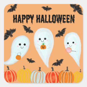 Cute Happy Halloween Ghost Bat Pumpkin Square Sticker