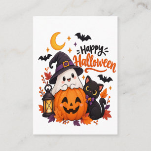 Cute Happy Halloween Ghost Pumpkin Black Cat Business Card