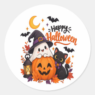 Cute Happy Halloween Ghost Pumpkin Black Cat    Classic Round Sticker