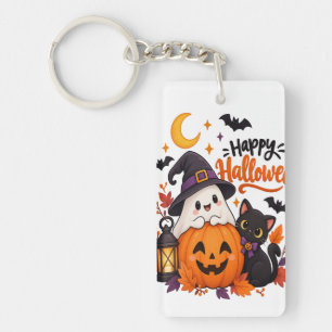 Cute Happy Halloween Ghost Pumpkin Black Cat Keychain