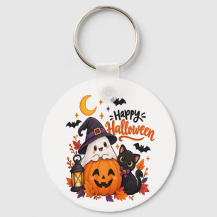 Cute Happy Halloween Ghost Pumpkin Black Cat Keychain