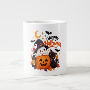 Cute Happy Halloween Ghost Pumpkin Black Cat    Large Coffee Mug