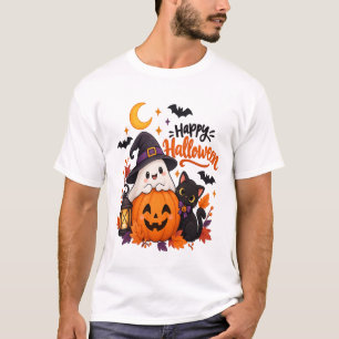 Cute Happy Halloween Ghost Pumpkin Black Cat T-Shirt