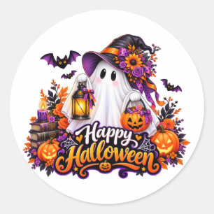 Cute Happy Halloween Ghost – Spooky & Colourful Classic Round Sticker