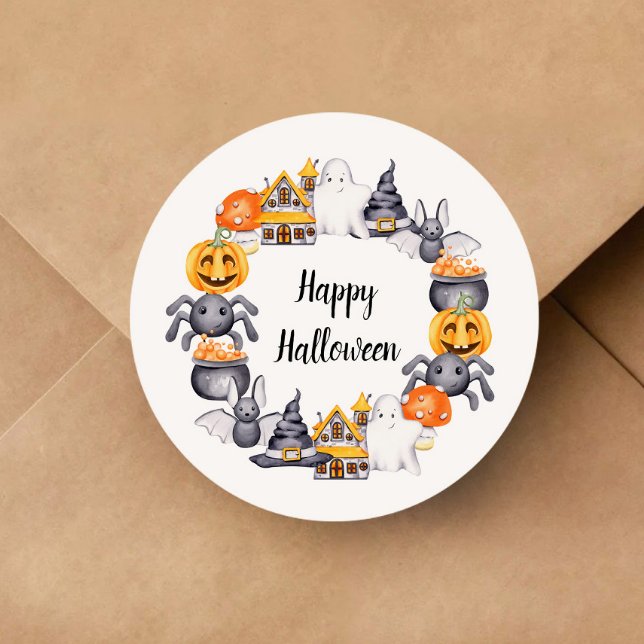 Cute Happy Halloween Illustration Classic Round Sticker (Cute Happy Halloween Illustration Classic Round Sticker)