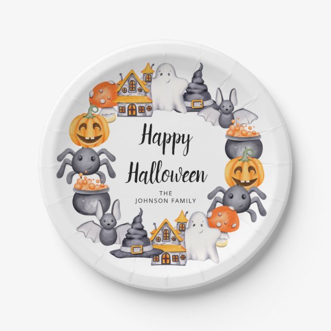 Cute Happy Halloween Illustration Party Paper Plate (Front)