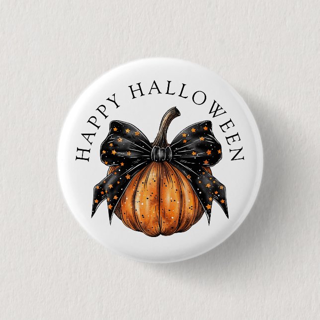 Cute Happy Halloween Pumpkin And Bow 1 Inch Round Button (Front)