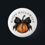 Cute Happy Halloween Pumpkin And Bow 1 Inch Round Button<br><div class="desc">A twist on the traditional pumpkin style. A trending style coquettish painted pumpkin with a black bow with stars. A sassy style for your Halloween button. Orange and black. Give them as party gifts too!</div>