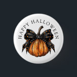 Cute Happy Halloween Pumpkin And Bow 1 Inch Round Button<br><div class="desc">A twist on the traditional pumpkin style. A trending style coquettish painted pumpkin with a black bow with stars. A sassy style for your Halloween button. Orange and black. Give them as party gifts too!</div>