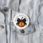Cute Happy Halloween Pumpkin And Bow 3 Inch Round Button<br><div class="desc">A twist on the traditional pumpkin style. A trending style coquettish painted pumpkin with a black bow with stars. A sassy style for your Halloween button. Orange and black. Give them as party gifts too!</div>