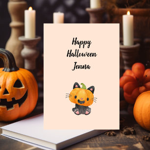 Cute Happy Halloween Pumpkin Cat with Name Holiday Card