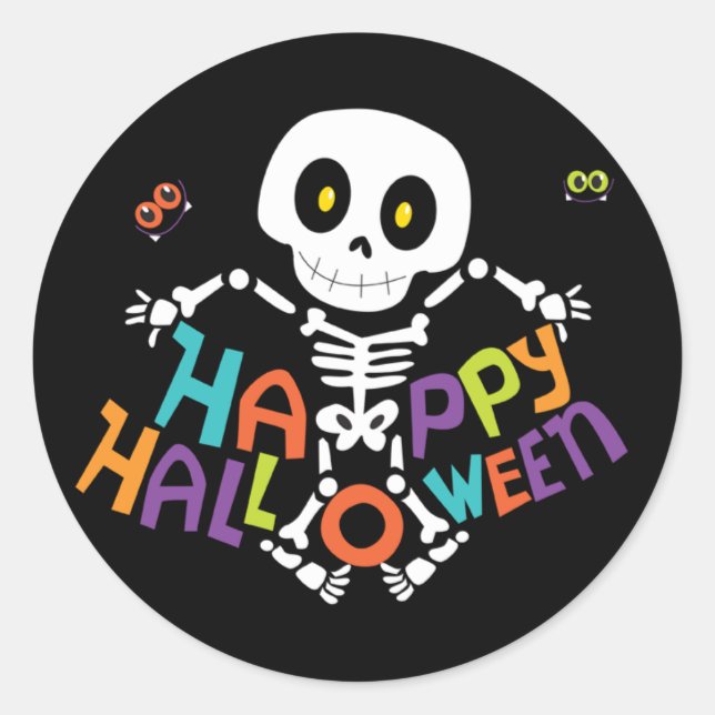 Cute Happy Halloween Skeleton Classic Round Sticker (Front)