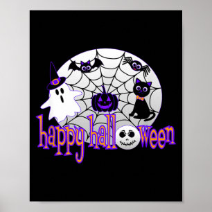 Cute Happy Halloween With Spider Web Black Cat Bat Poster