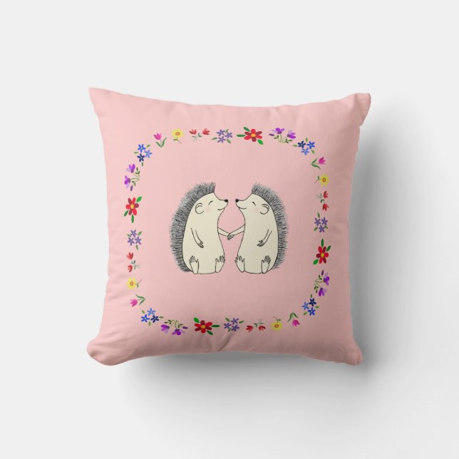 Cute Happy Hedgehog Couple Throw Pillow Cushion (Front)