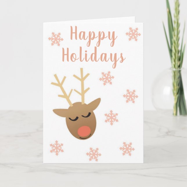 Cute Happy Holidays Reindeer Pink Gold Card (Front)