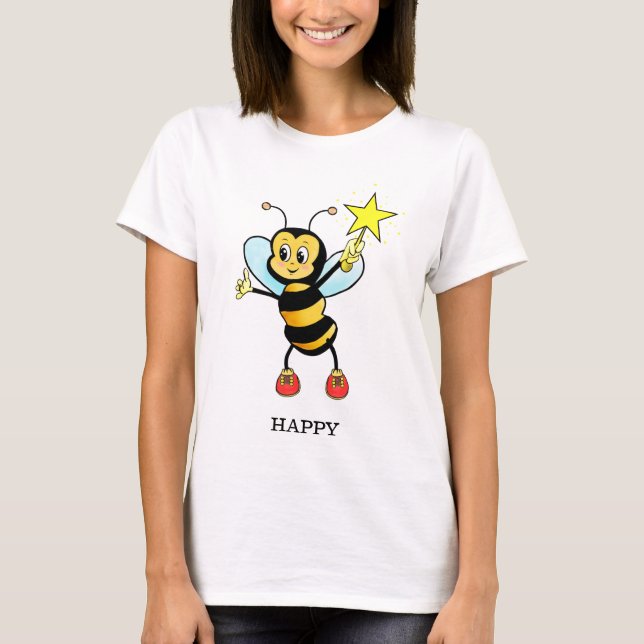 Cute Happy Honey Bee with Star on Sky Blue T-Shirt (Front)