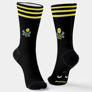 Cute Happy Honeybee on Black Crew Socks