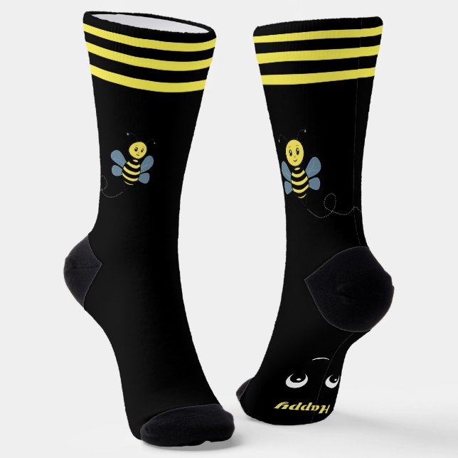Cute Happy Honeybee on Black Crew Socks (Angled)