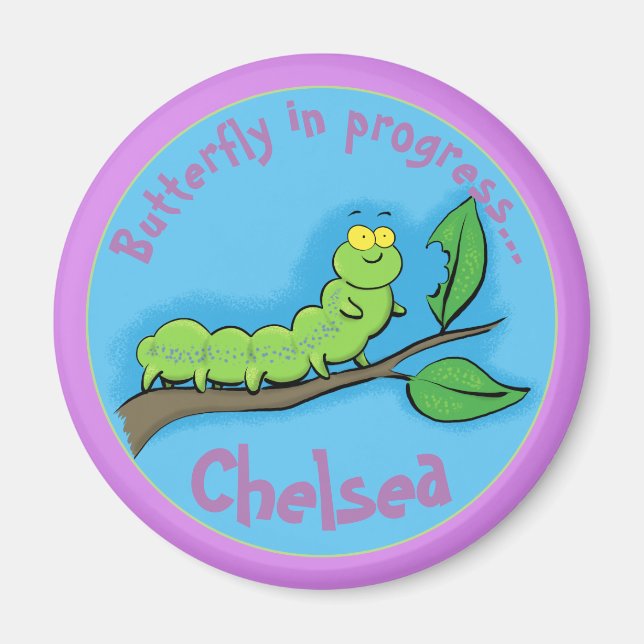 Cute happy hungry green caterpillar cartoon magnet (Front)
