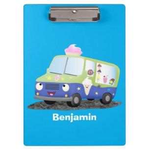 Cute happy ice cream truck cartoon clipboard