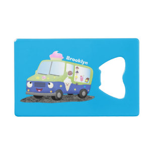 Cute happy ice cream truck cartoon credit card bottle opener