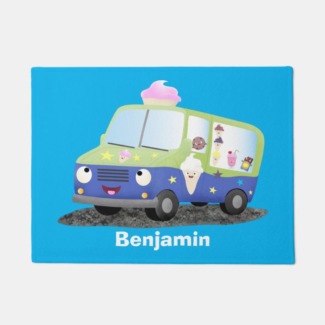 Cute happy ice cream truck cartoon doormat (Front)