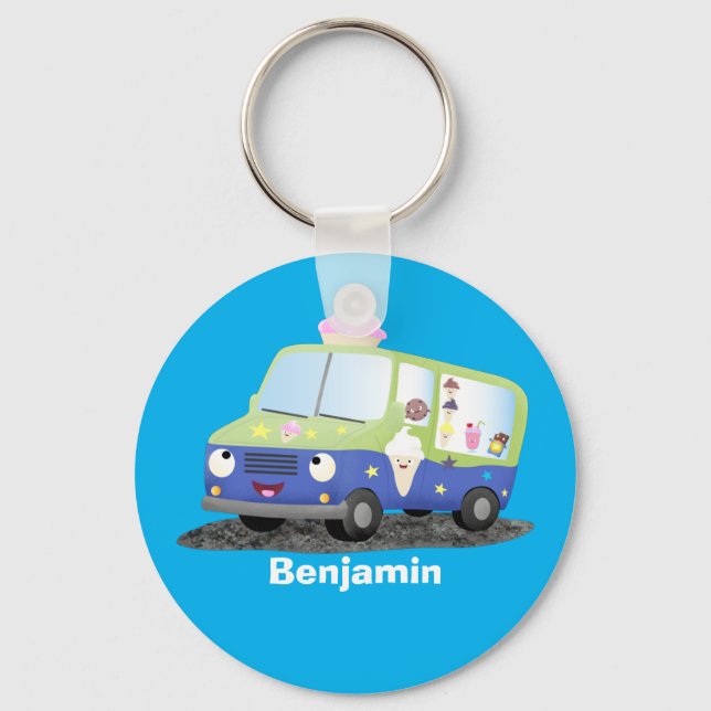 Cute happy ice cream truck cartoon keychain (Front)