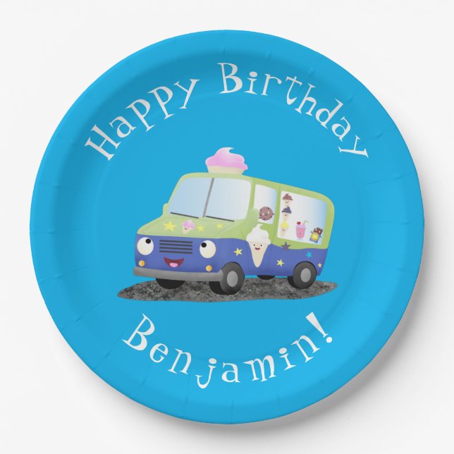 Cute happy ice cream truck cartoon  paper plate (Front)