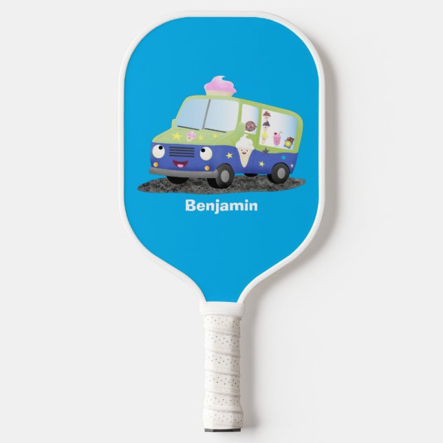 Cute happy ice cream truck cartoon  pickleball paddle (Front)